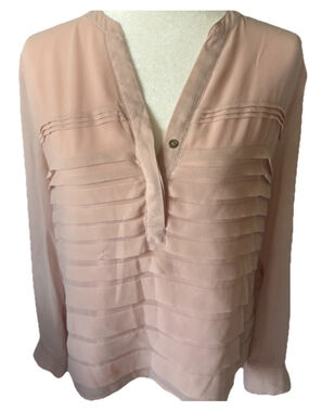 Calvin Klein Blouse Blush Pink Tiered Pleated V-Neck Long Sleeve Professional M